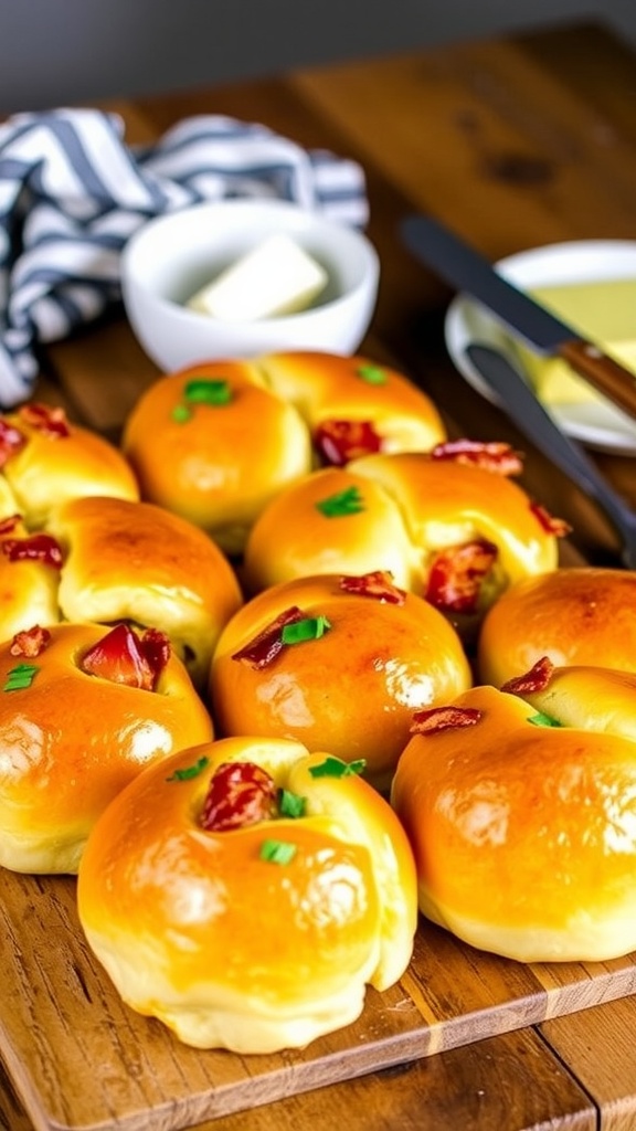 Golden bacon cheddar rolls on a wooden table, garnished with parsley, ready to be served with butter.
